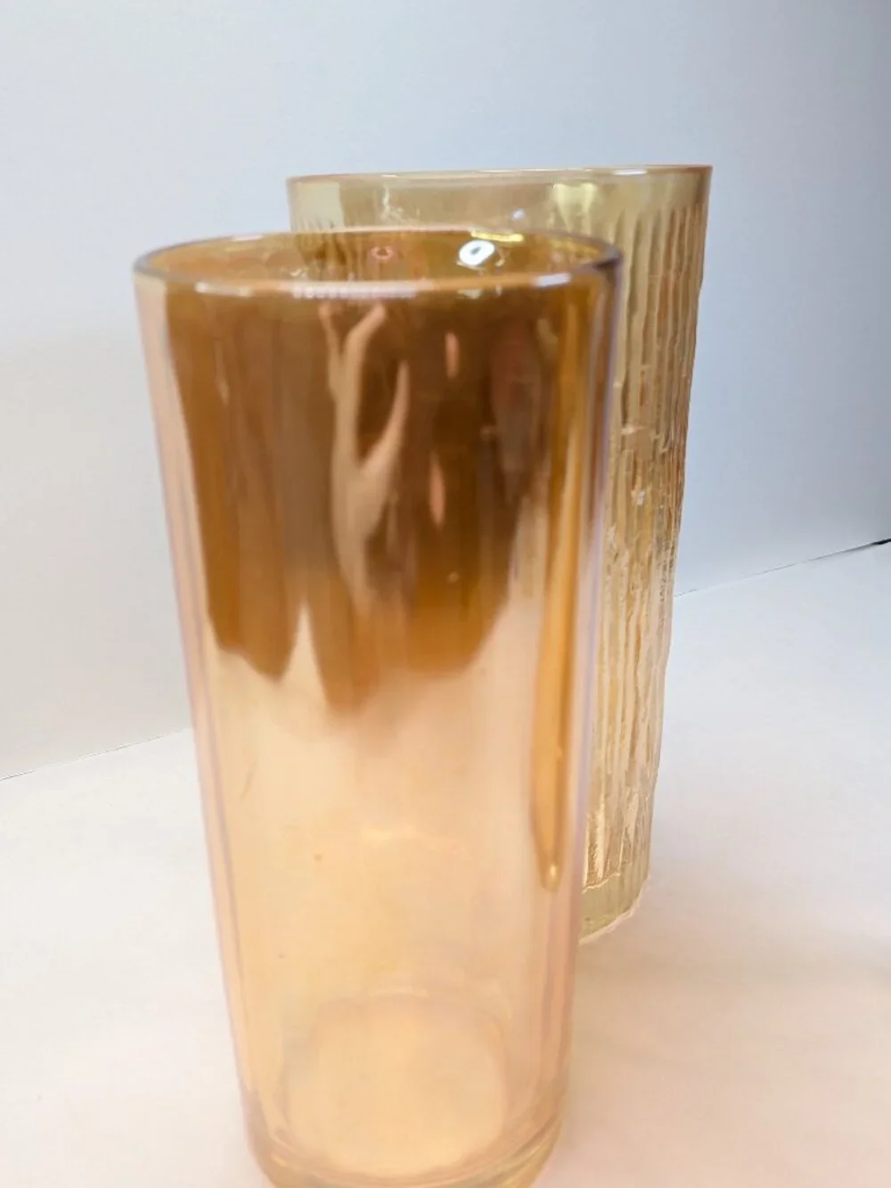 Vintage MCM Tan Marigold Iridescent Glass Tumbler Trio - 3 Pc Mixed Texture Set